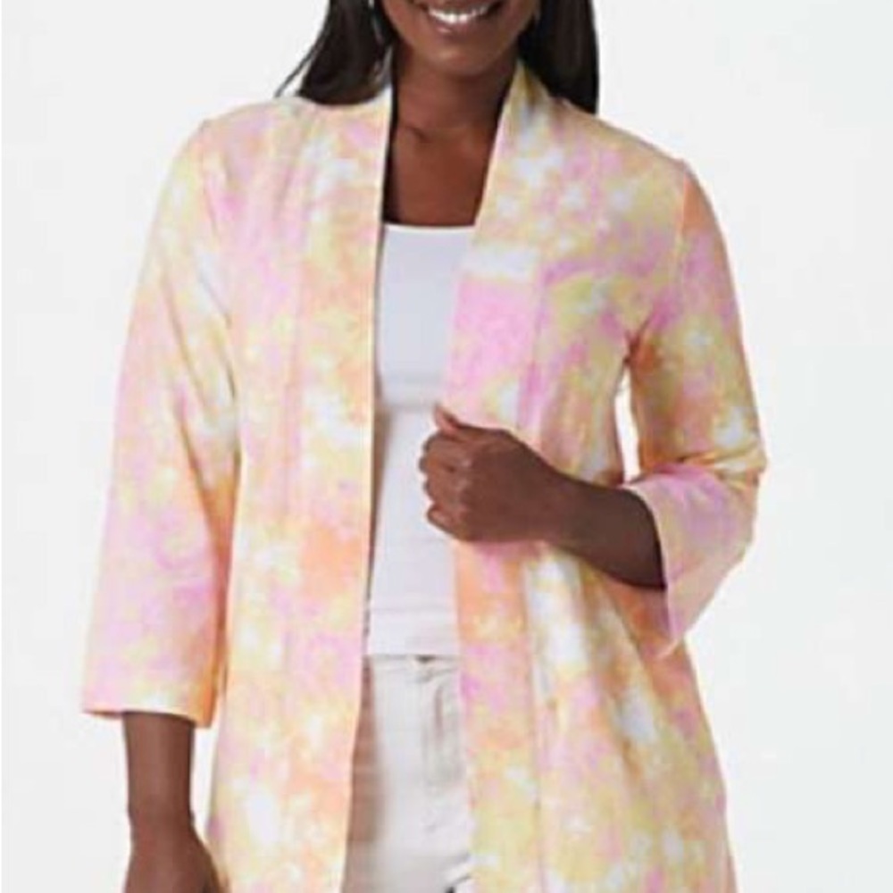 🦋 Issac Mizrahi Pink Orange Tie Dye Printed Knit Cardigan Large Duster